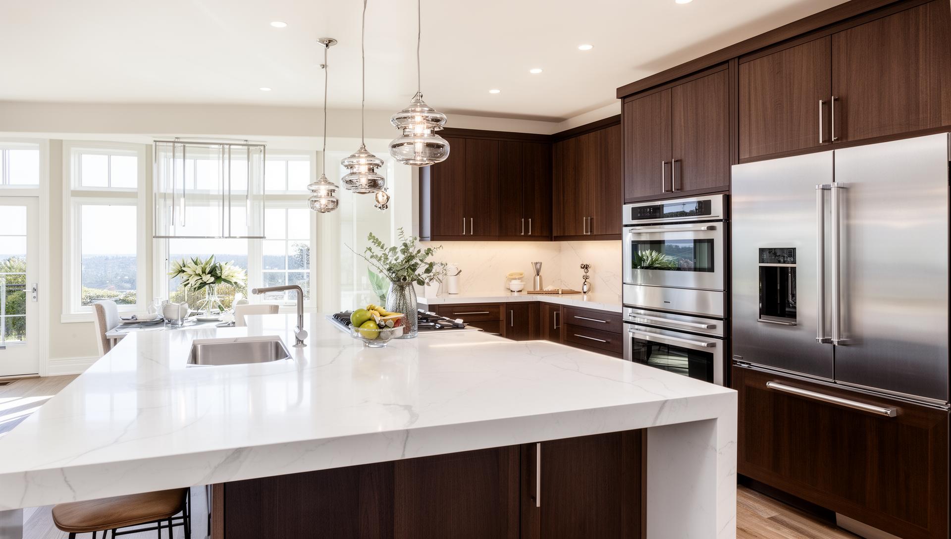 Beautifully remodeled kitchen with marble countertops